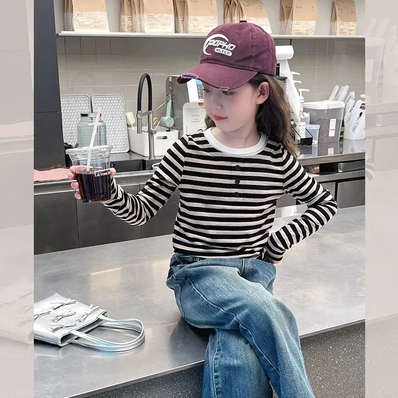 

Stripe Children's Clothing 7 To 12 Years Kids Girl Clothes T-shirts Shirt Girls' Spring Autumn 6 4 10 Elementary Tshirt Korean 8