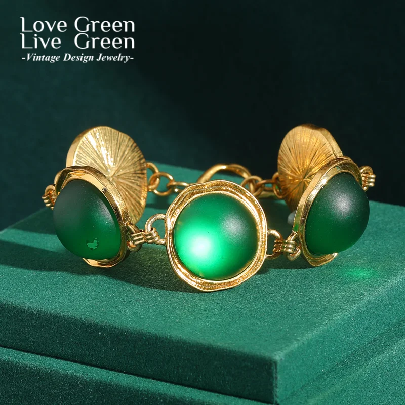 

Vintage Emerald Green Cat Eye Charm Bracelet Chain Circular Glass Moonstone Luxury Brand Jewelry Mothers Day Gift 2025 Trending