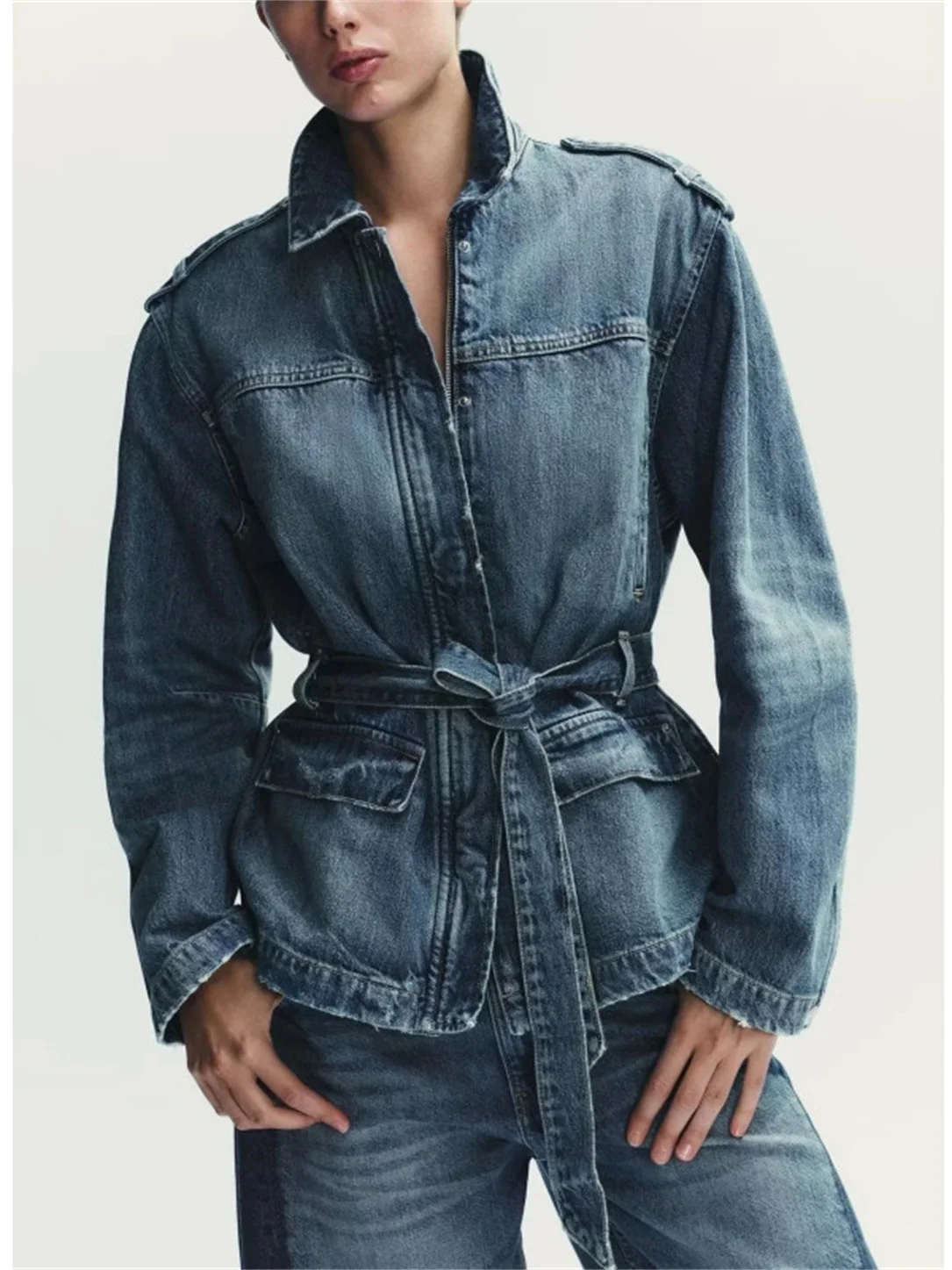 

Новое осеннее поступление, женское модное длинное джинсовое платье Briti Sle, повседневное длинное джинсовое пальто с поясом-стойкой, женская верхняя одежда