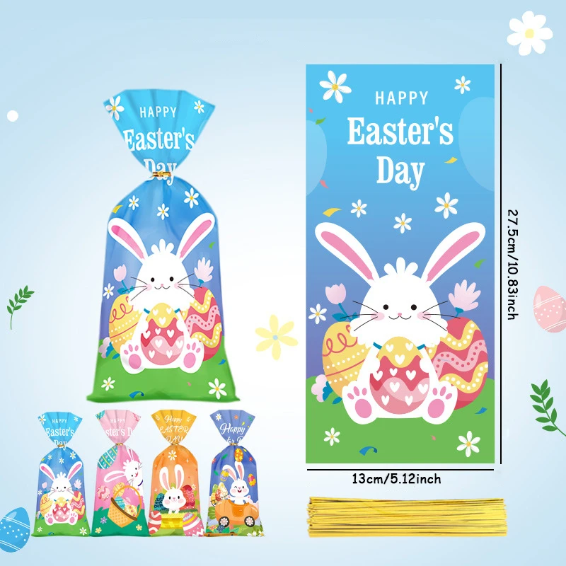 50Pcs Easter Gift Bags Cute Rabbit Hen Egg Pattern Candy Packaging Bags Open Top Cellophane Cookies Bags Easter Party Decor