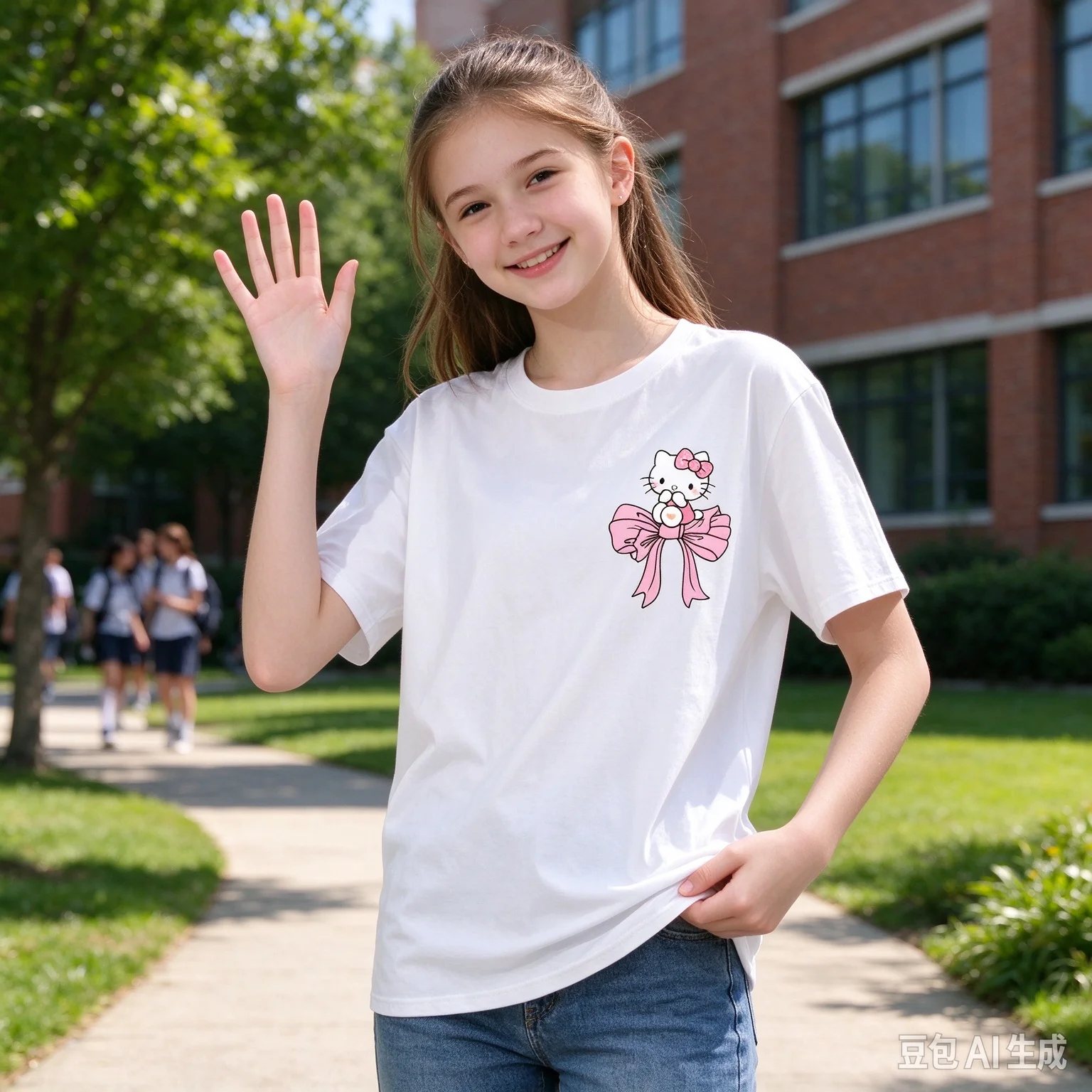 2026 New Hot-Selling Girls' Short-Sleeve Top Casual Everyday T-Shirt – School/Harajuku Style – Cute Hello Kitty & Bow Print