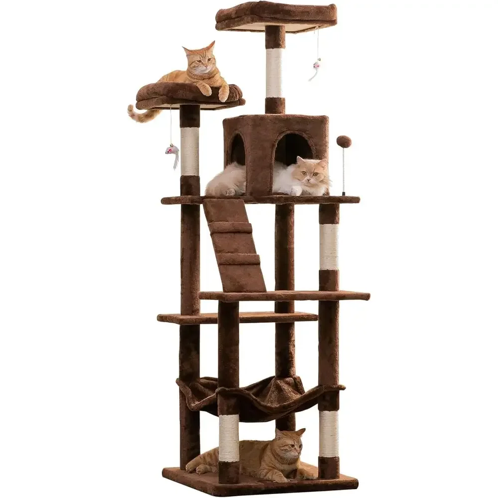 

70-Inch Multi-Level Cat Tower with Plush Perches, Sisal Scratching Posts, Hammock, and Toys - BrownTime-limited