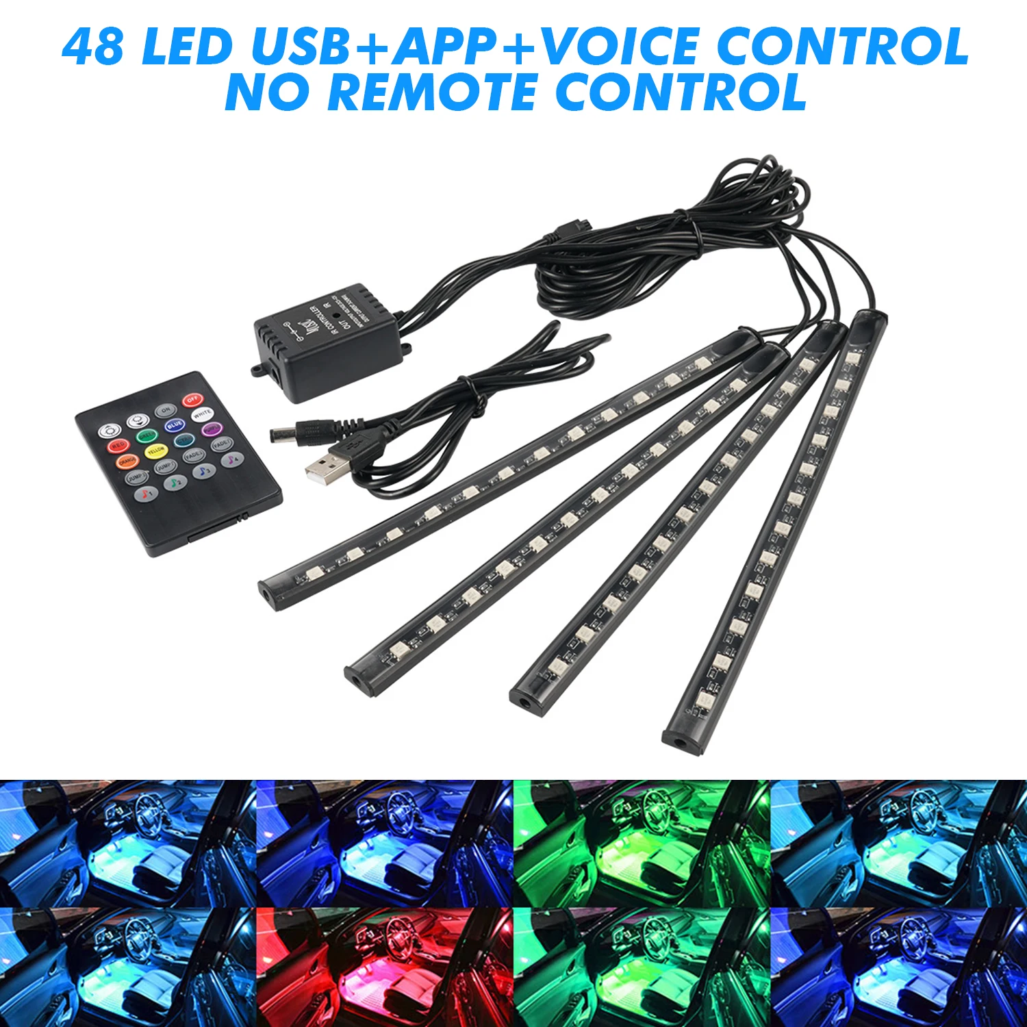 48 72 LED RGB Auto-Fußraumbeleuchtung & Unterbodenbeleuchtung, Musik-Synchronisierte Innenraumbeleuchtung mit Fernbedienung, USB & 12V Dual-Stromversorgung, Mehrfarbige