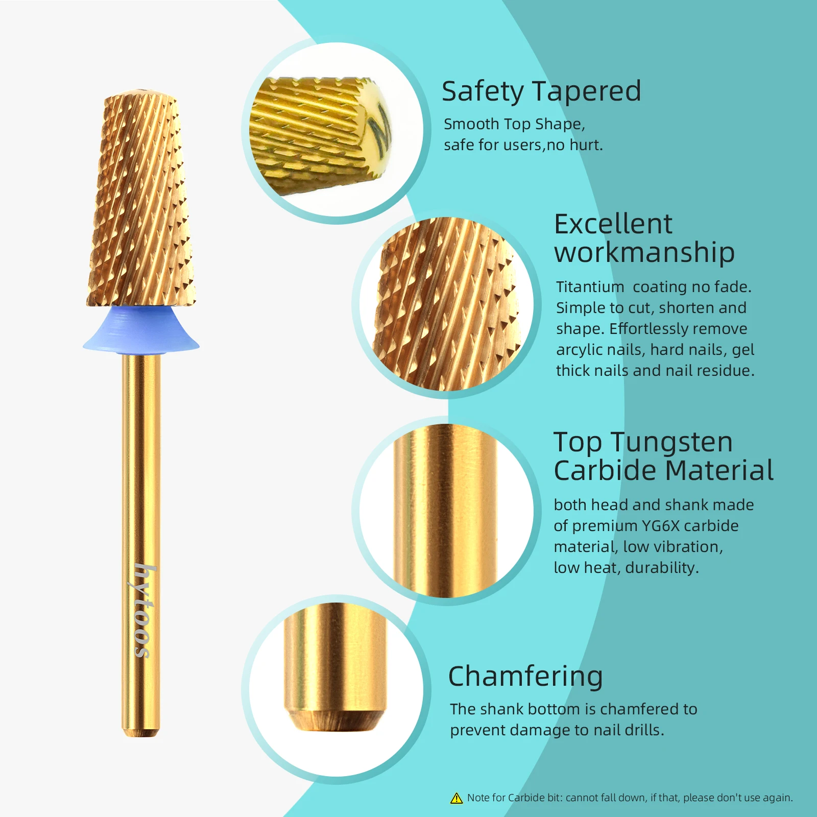 HYTOOS-brocas cónicas de seguridad de titanio para uñas, barril superior liso, broca de carburo, eliminación de Gel, herramienta de accesorios para taladros eléctricos