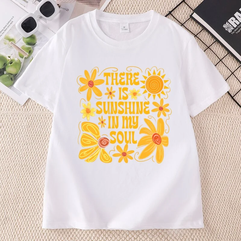 Sunshine in My Soul T-Shirt Mental Health T Shirt Retro Boho Summer Vibes Tshirt Hippie Flower Tee Women's Clothing Short Sleeve