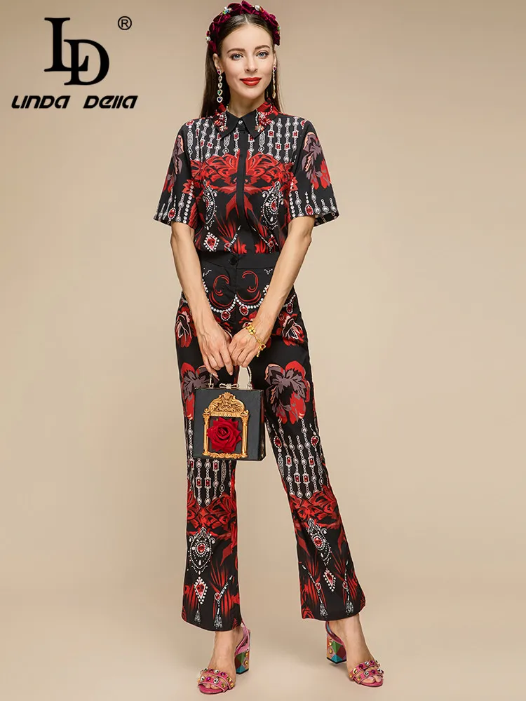 LD LINDA DELLA Summer Runway Fashion Black Pants Set Women Short sleeve Printed Tops and High waist pants 2 Pieces Set