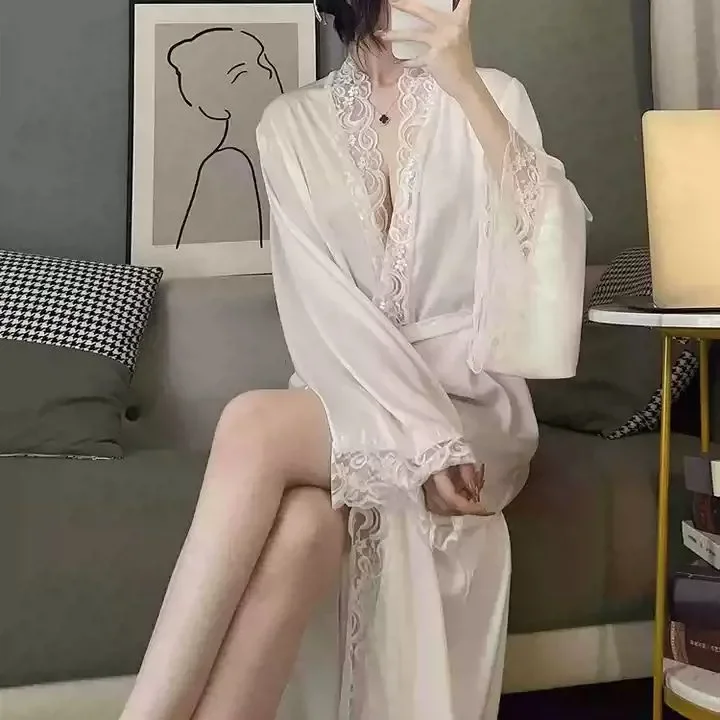 1 Piece Women's Ice Silk Satin Glossy Robe Pajamas Plus Size Nightgown Elegant Lace Homewear Fashion Casual Loungewear