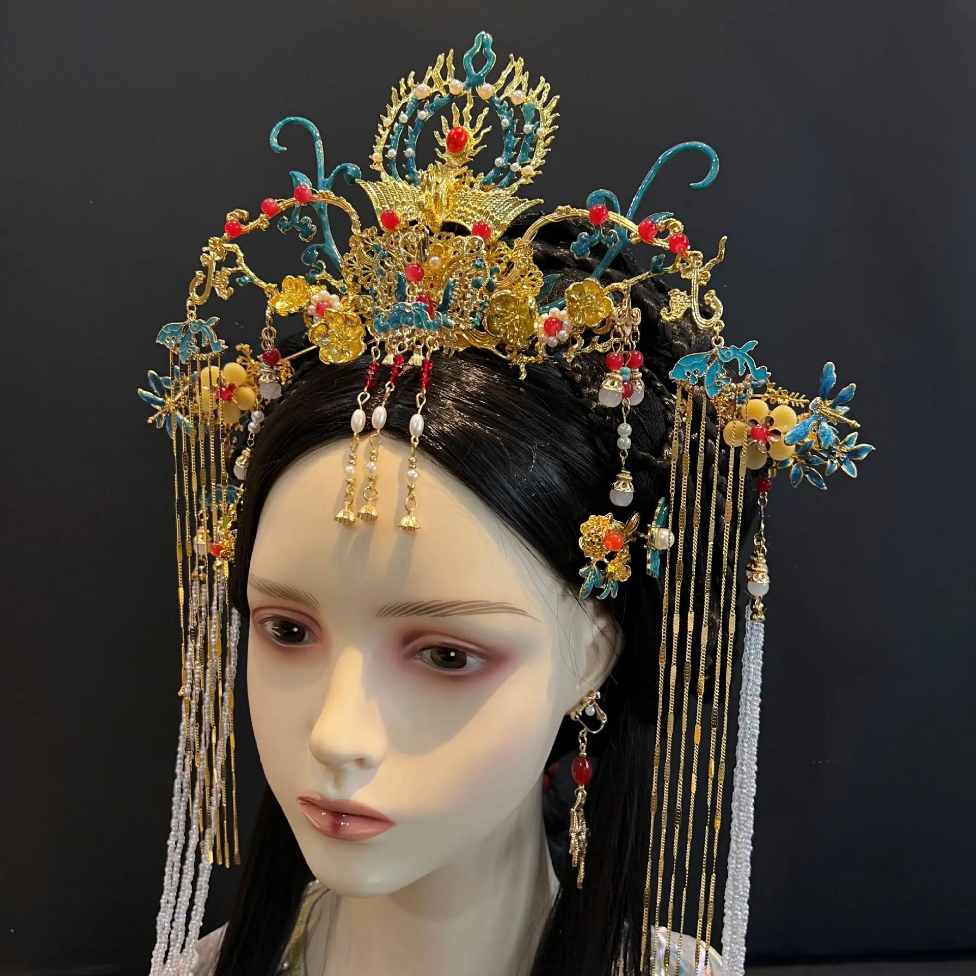 مينغ العتيقة مصوغة بطريقة غطاء الرأس ل هان الملابس الصينية الملحقات المحروقة شرابة تاج مجموعة كاملة زي الشعر دبوس الشعر القديم