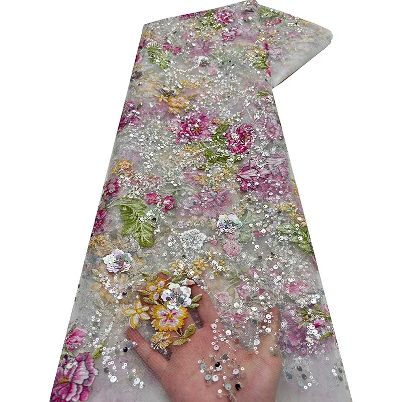 1ヤード-x-125cm-アフリカンレース生地-ビーズチューブ-スパンコール刺繍-メッシュ生地-パーティー-ドレス-diy-ソーイング-スパンコール-ビーズ付きチュールクロス