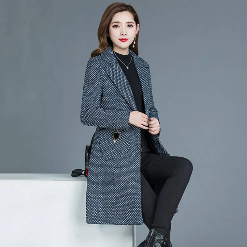 2023New Autumn Winter Woolen Coat Female Fashion Loose Mid Long Suit Collar Single Breasted Jacket Women Casual Slim Ladies Tops