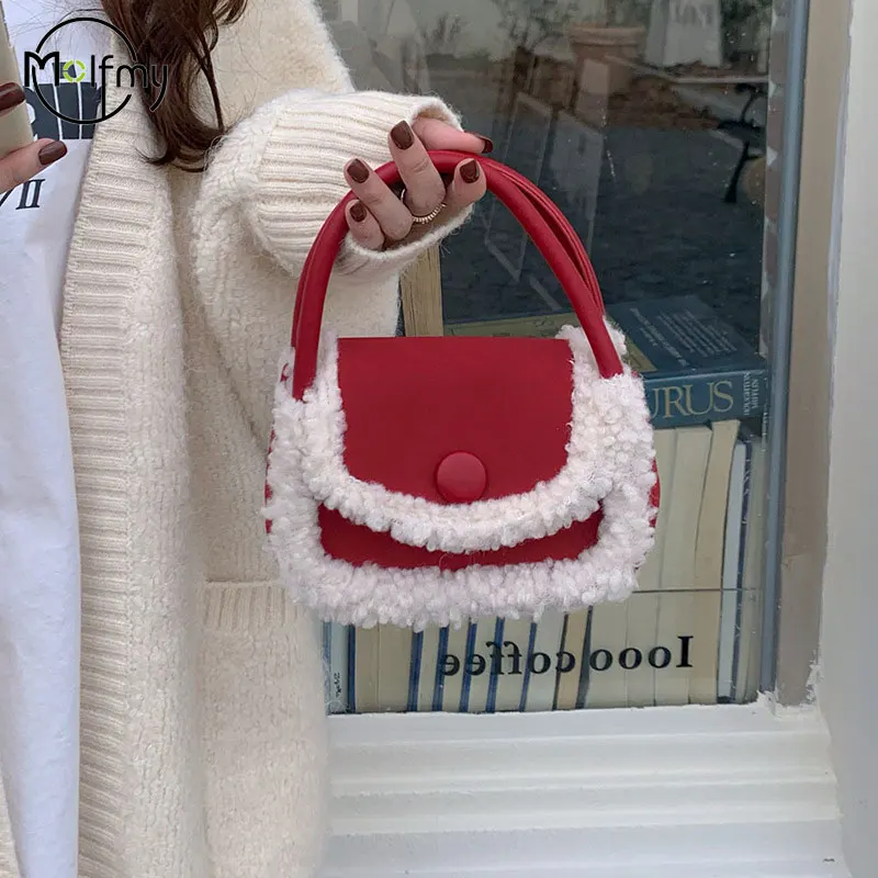 Faux Suede Portable Square Bag Small Bag Female Winter Lamb Wool Cross Body Handbag Splice Crossbody Bag Fashion Texture Handbag