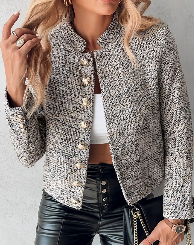 Outerwear Women's 2023 New Hot Selling Fashion Standing Collar Long Sleeved Banged Tweed Casual Elegant Breasted Outerwear