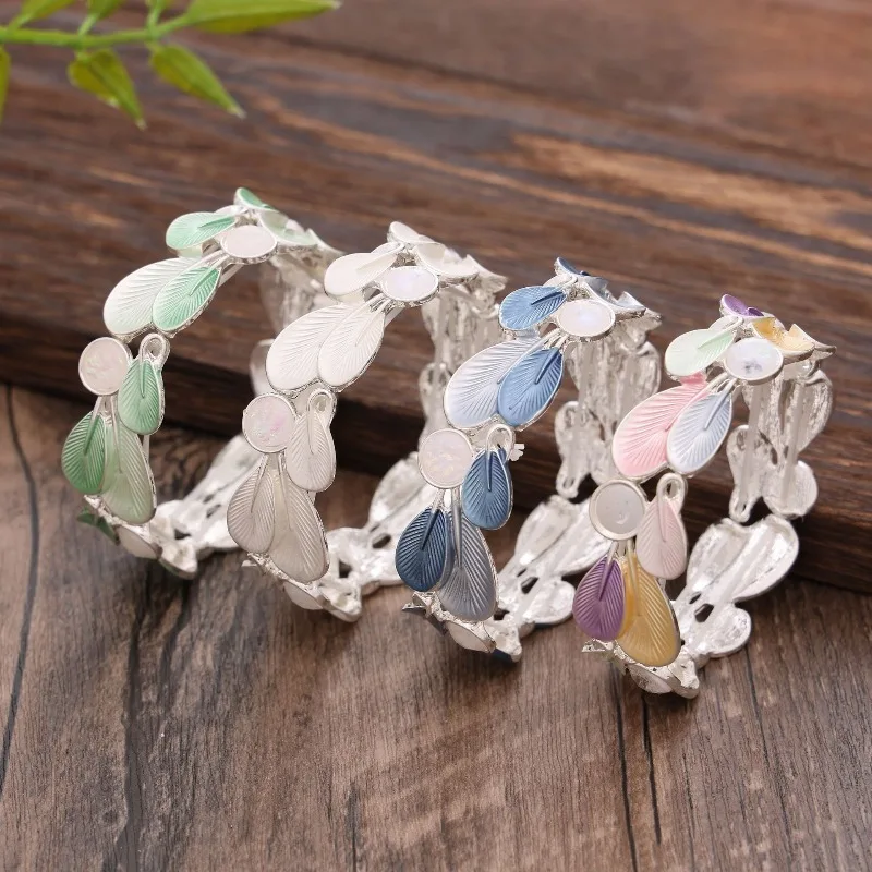 Bohemian Leaf Feather Enamel Bangle Silver Plated Multicolor Stretch Bracelet Stackable Bracelets Elegant Fashion Jewelry