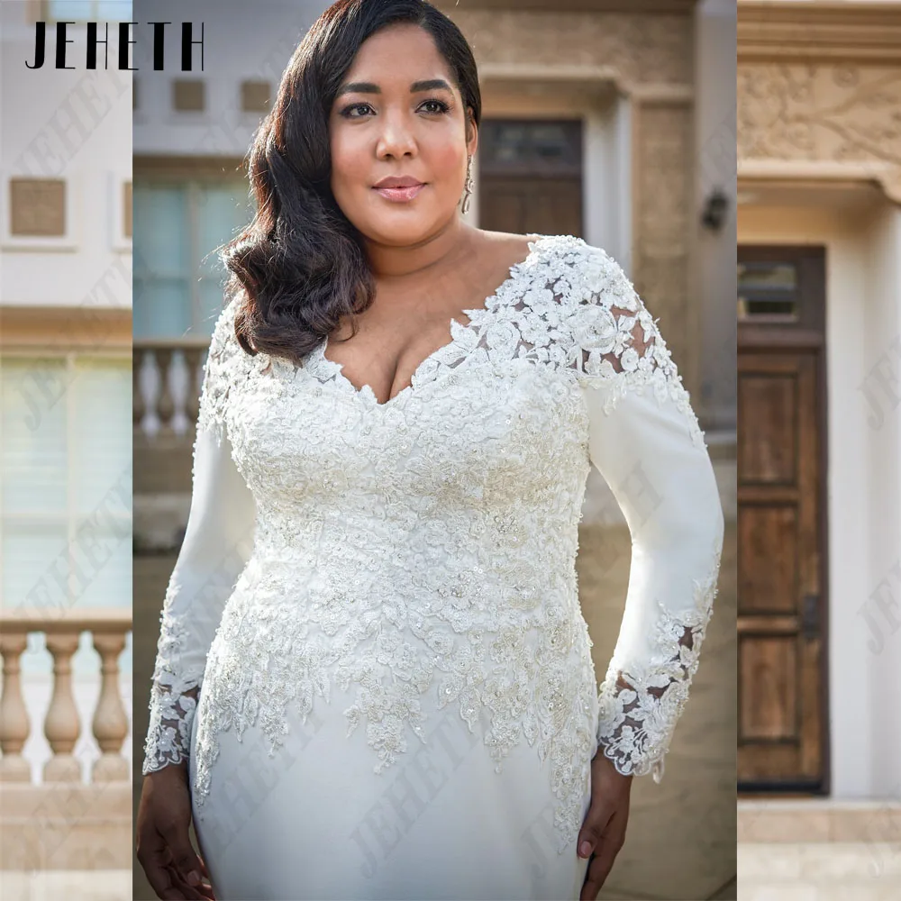 JEHETH Exquisite Vestidos de Noiva Para Noiva de Mangas Longas Ilusão Vestidos deJEHETH Exquisite Vestidos De Casamento Para Nupcial Mangas Compridas Ilusão Vestidos De Noiva Sereia Applique Plus Size vestidos de novia