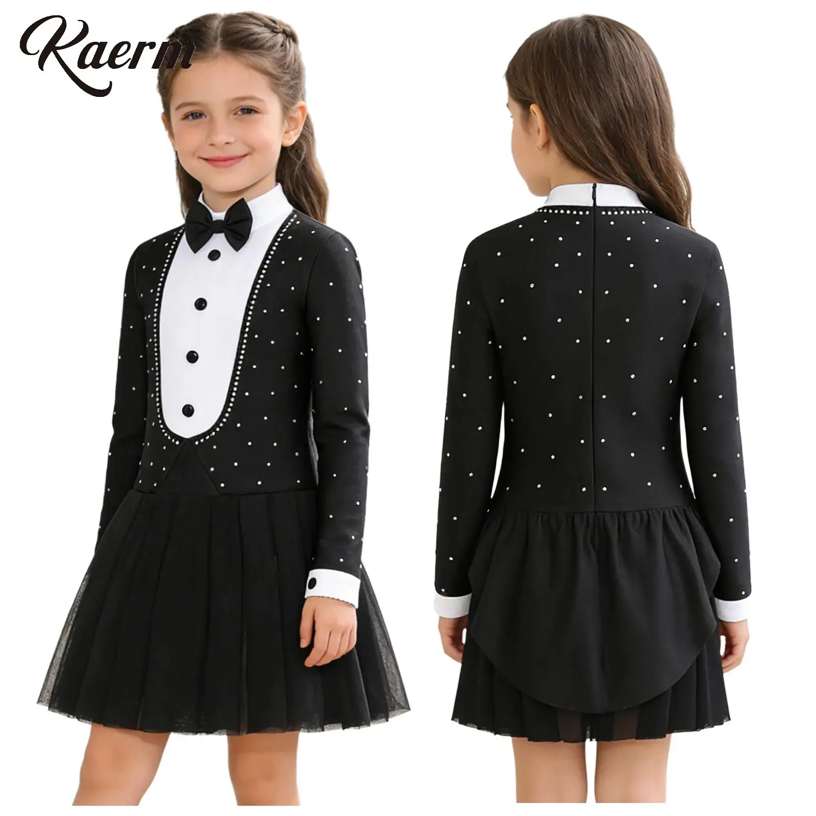 

Girls Ringmaster Jumpsuit Halloween Circus Performance Magician Costume Bowtie Long Sleeves Rhinestone Color Block Leotard Dress