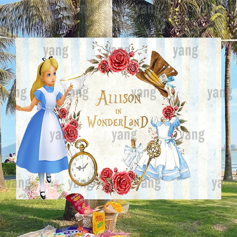 Colorful Disney Custom Lovely Baby Shower Alice In Wonderland Rose Wreath Birthday Party Decoration Backdrop Background Banner