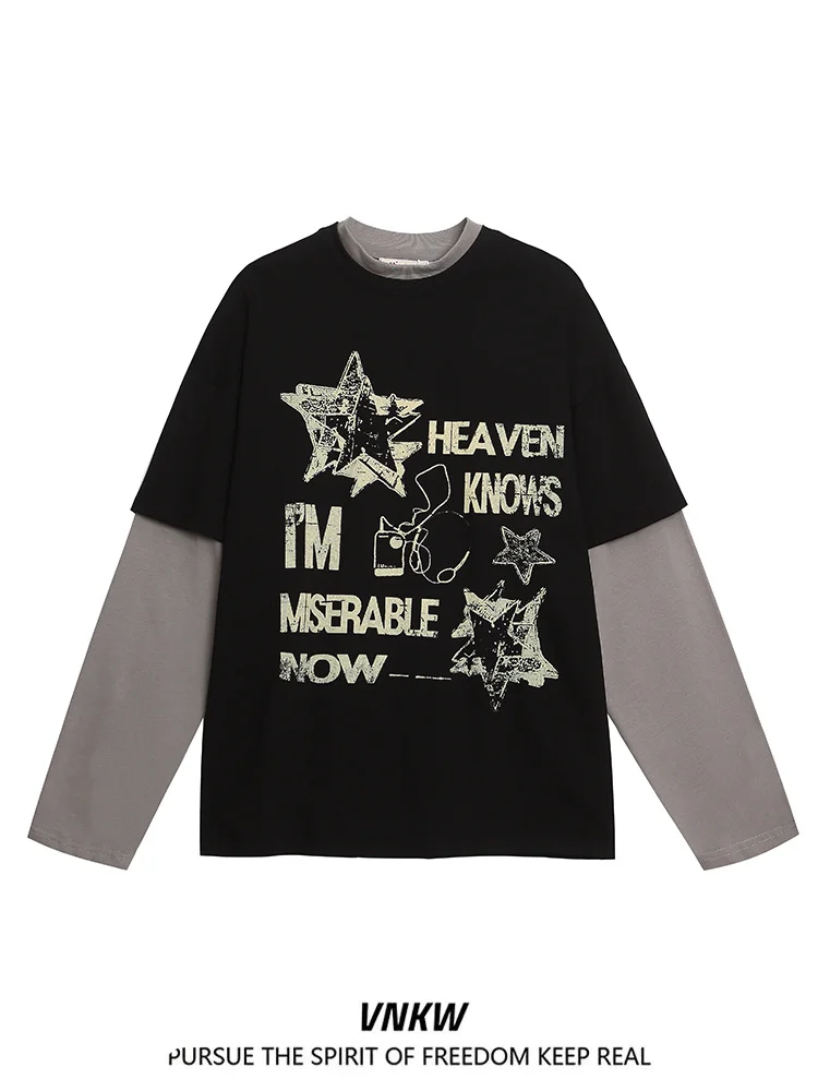 

Американская ретро-футболка унисекс с длинным рукавом и круглым вырезом, свободного кроя, с буквенным принтом, повседневный универсальный топ, модный хлопковый топ для весны и лета