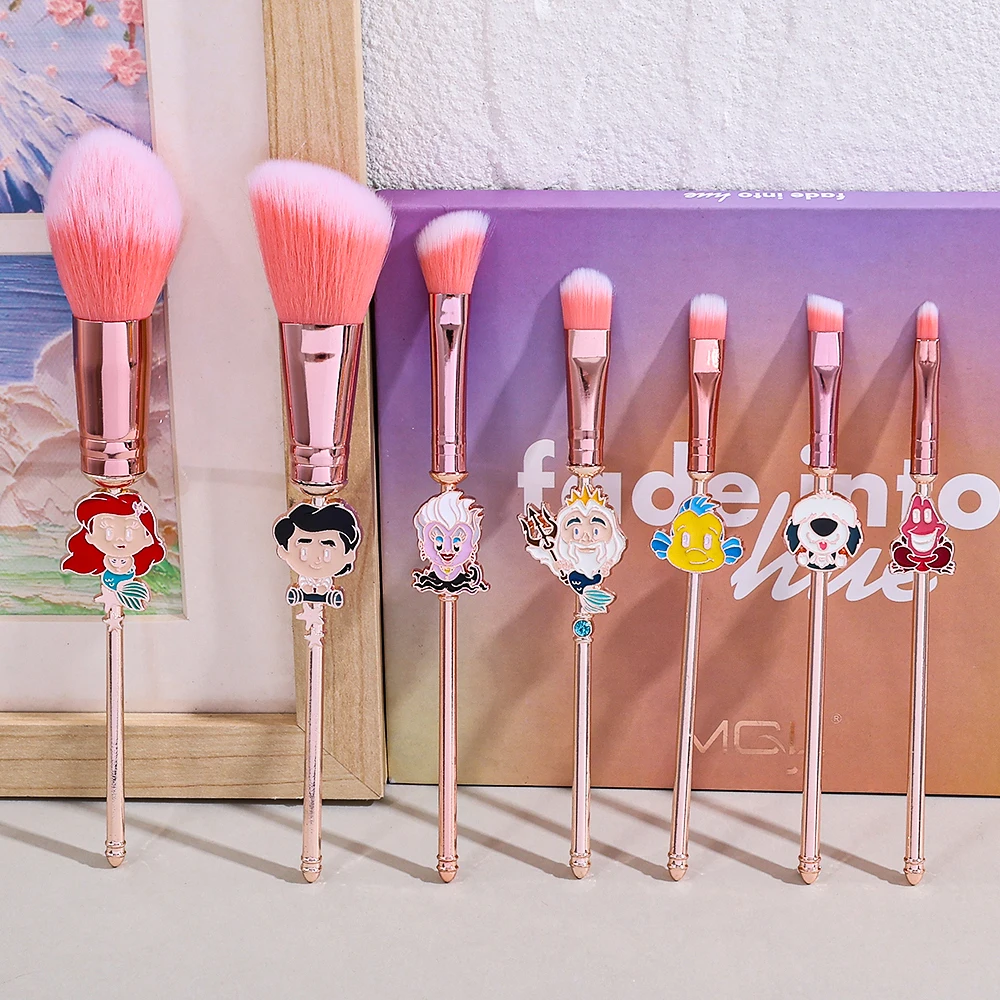 7Pcs Disney Princess the Little Mermaid Women's Makeup Brushes Set Cute Cartoon Metal Handle Cosmetic Tools for Girls Fans
