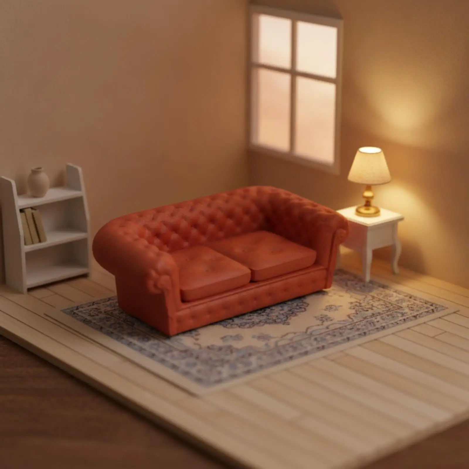 Miniature Dollhouse Furniture Plastic Sofa Tufted Upholstery Reddish Brown Finish for Cozy Scene Setting