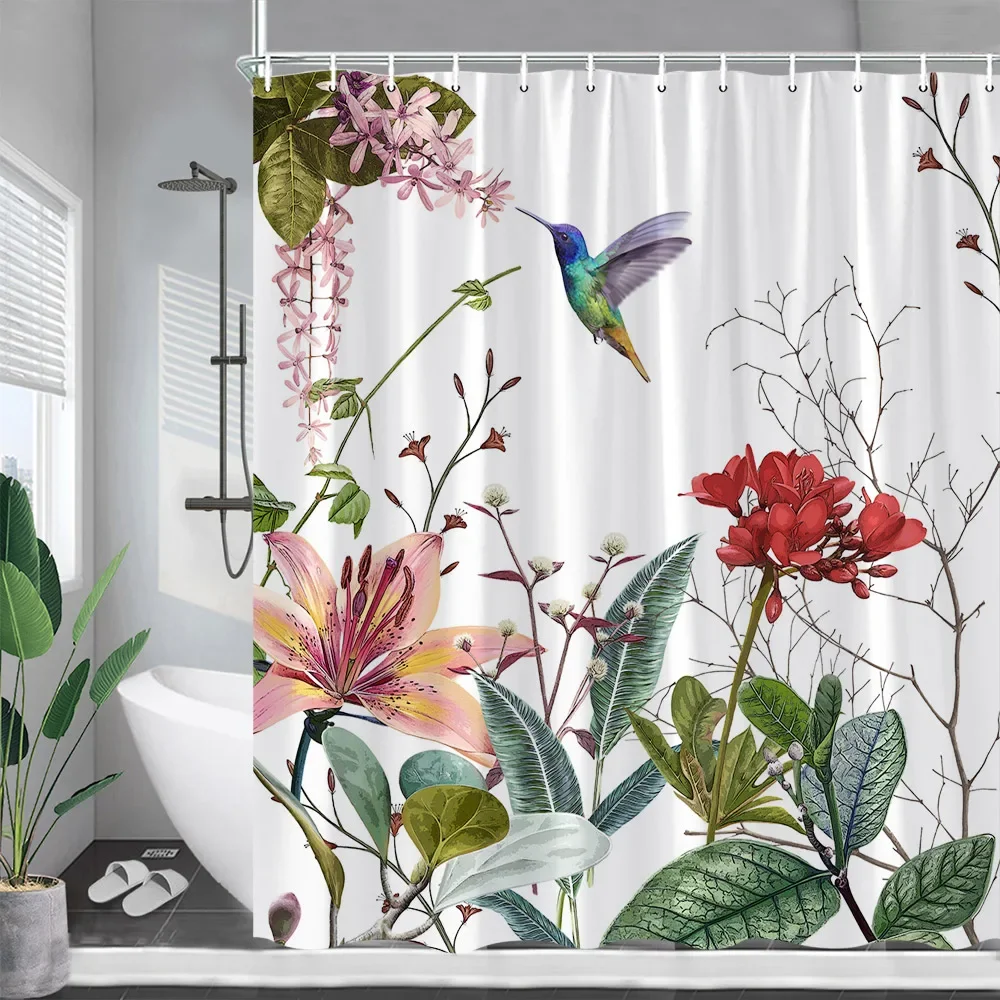 Tropical Plant Shower Curtains Palm Leaf Pink Flowers Hummingbirds Green Leaves Bath Curtain Fabric Bathroom Decor with Hooks