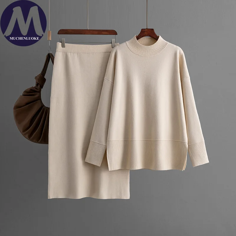 

Комплект из 2 предметов для женщин, осень-зима, новые повседневные вязаные свитера с воротником-стойкой, топы, костюмы, модные свободные комплекты с облегающей юбкой на бедрах