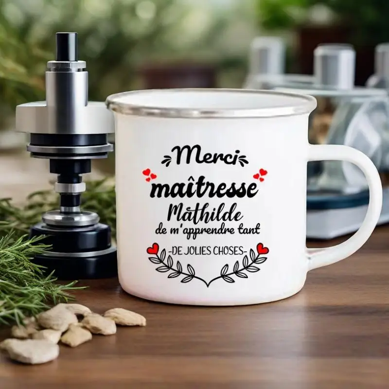 Personalised Custom Name Mug Merci Maitresse Coffee Cups Drinks Water Cup Enamel Mugs School Home Handle Drinkware Teacher Gifts