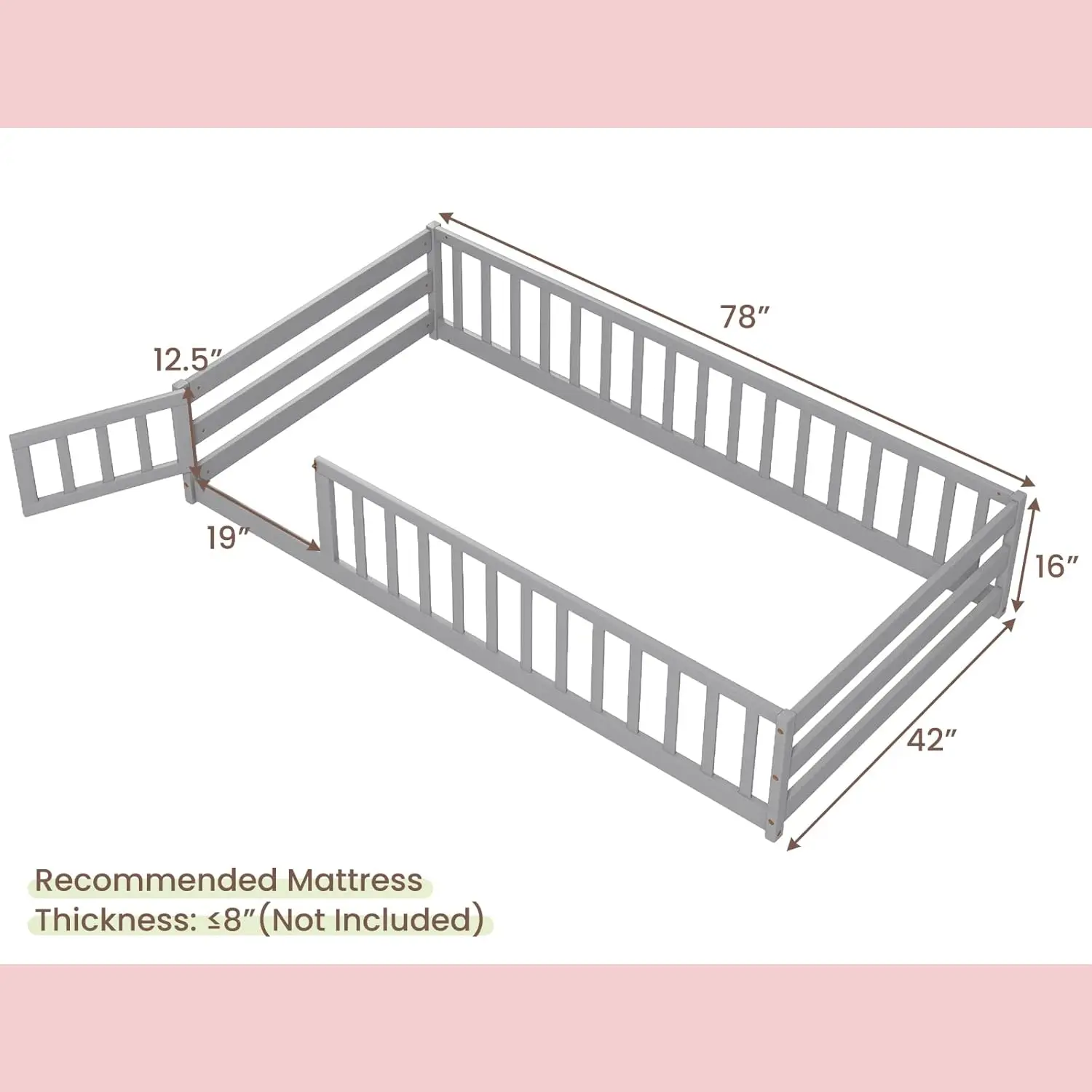 Wood Montessori Bed Frame with Door and Safety Guardrails, Floor Bed for Kids, Boys, Girls, No Box Spring Needed, Without Wood S