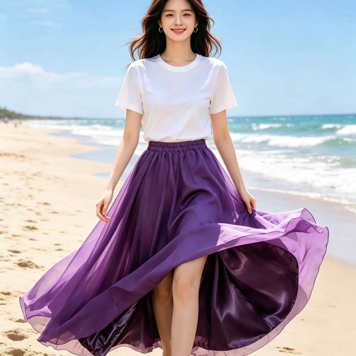 Unisex Glossy 2 Layers Mesh Satin Silk Sexy Women High Waist Skirt Print Loose Sleeping Long Bottoms