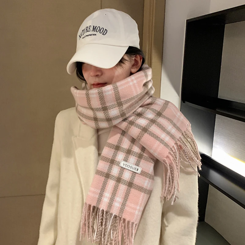 Women\'s Wool Plaid Scarf Autumn and Winter Thick Knitted Warm Versatile Scarf Scarf and Shawl Dual-use Fashionable Retro