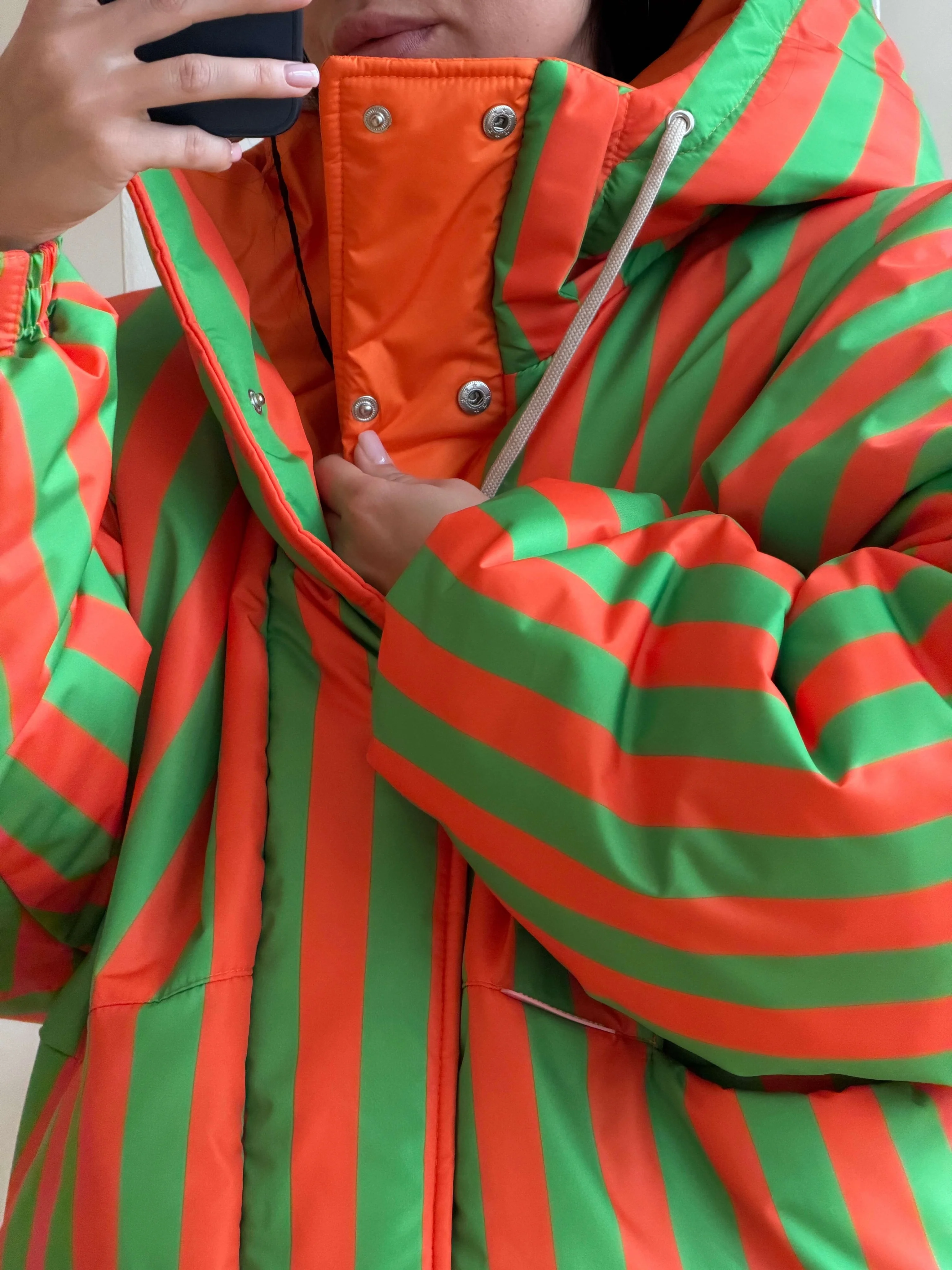 Color Block Striped Puffer Jacket Reversible Hooded Winter Coat Oversized Loose Zip Up Women Warm Quilted Lady Casual Outerwear