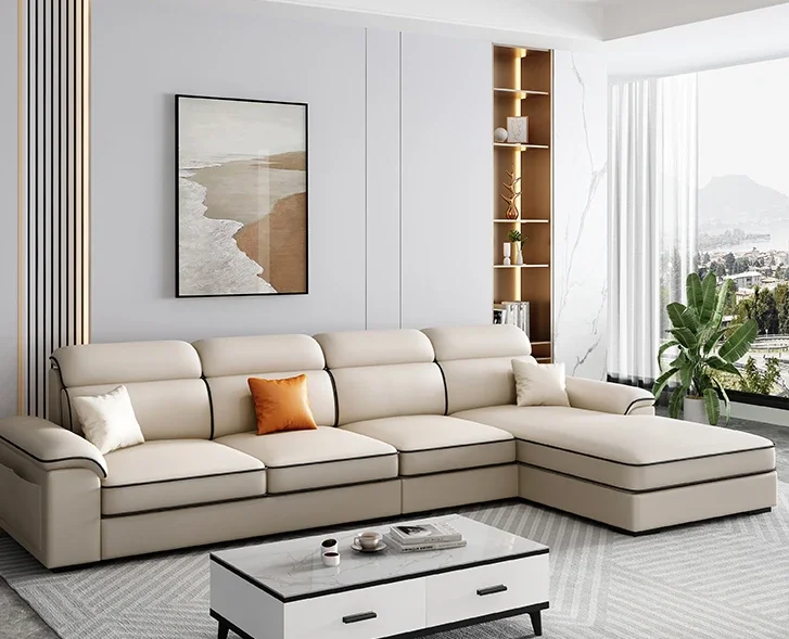 

Nordic leather sofa, modern simple living room, inline three-person four-seat sofa, small apartment
