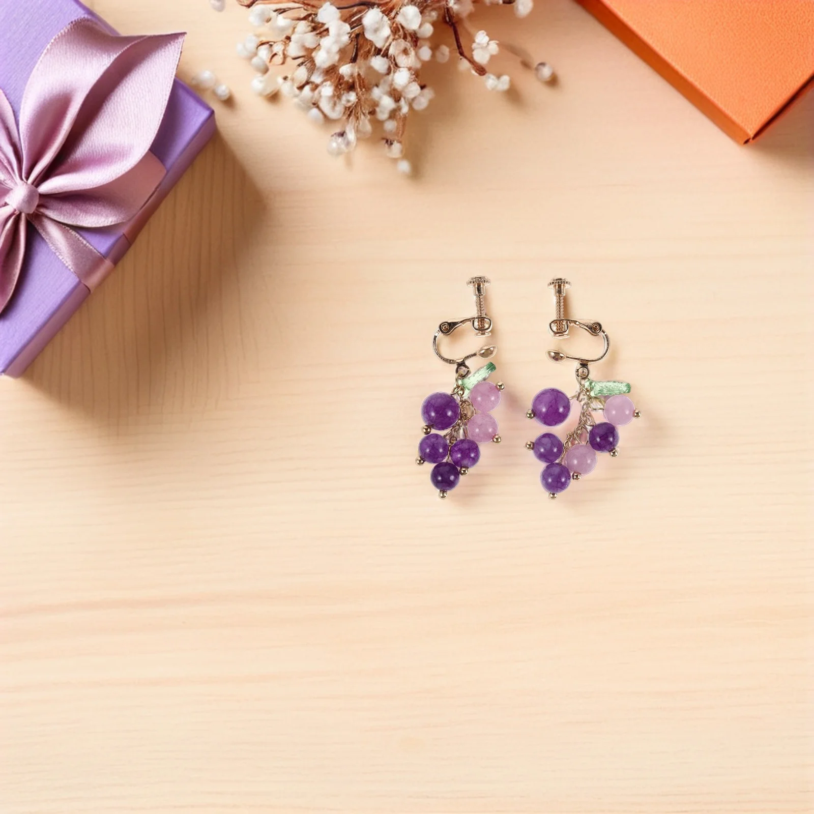 1 زوج كريستال أقراط كليب على غير مثقوب ثلاثية الأبعاد الفاكهة استرخى مجوهرات للنساء الأرجواني أوراق العنب تصميم العنب أقراط للنساء #1