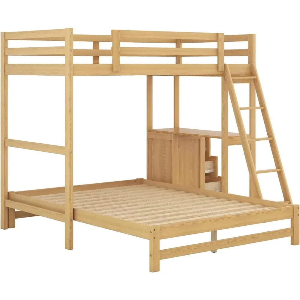 Twin Over Full Bunk Bed with Desk and Storage Drawers Wood Convertible Loft Beds Can Be Separated into 2 Kids Bunked Frame