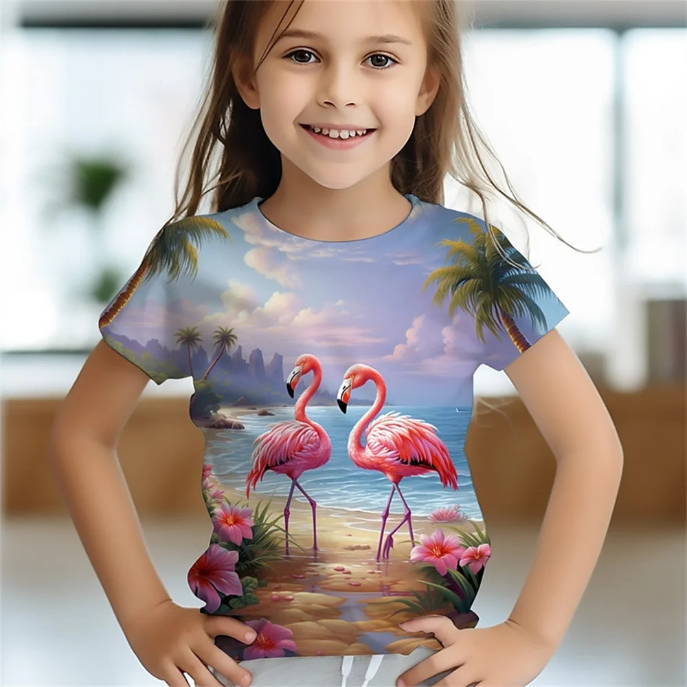 

2024 Bird Red Crowned Crane Baby Girl T-Shirt Summer Casual Short Sleeve Girls' T-Shirt Cool 3d Printed Fun Children's Clothing