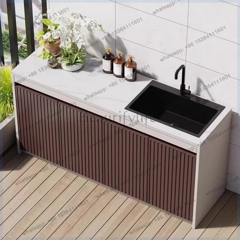 Outdoor all-aluminum alloy rock slab wash basin table integrated storage cabinet