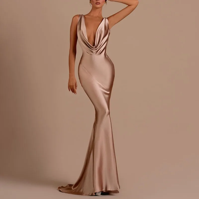 

Sexy Deep V-neck Evening Dresses 2024 Elegant Trumpet Party Prom Dress New Chic Designed Wedding Guest Gowns Silk Vestidos