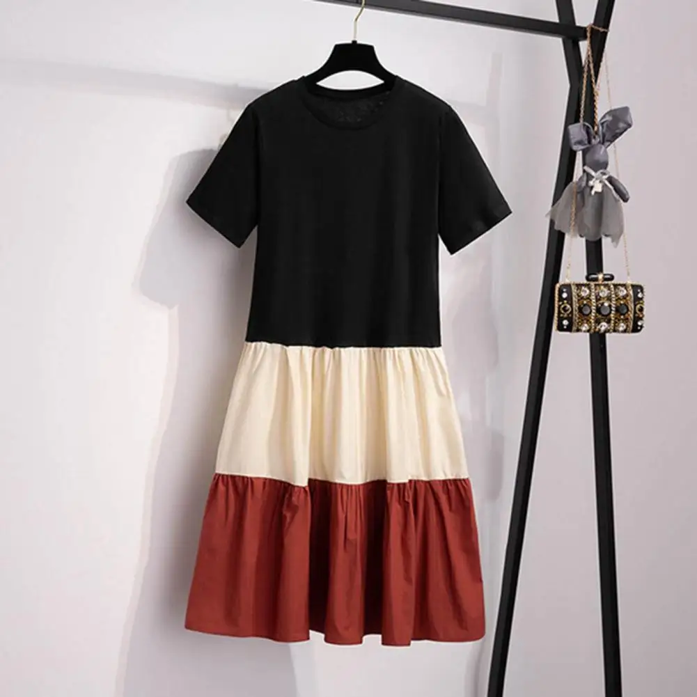 

Patchwork Dress Colorblock Patchwork Pleated A-line Midi Dress for Women Stylish Short Sleeves Round Neck Loose Fit for Wear