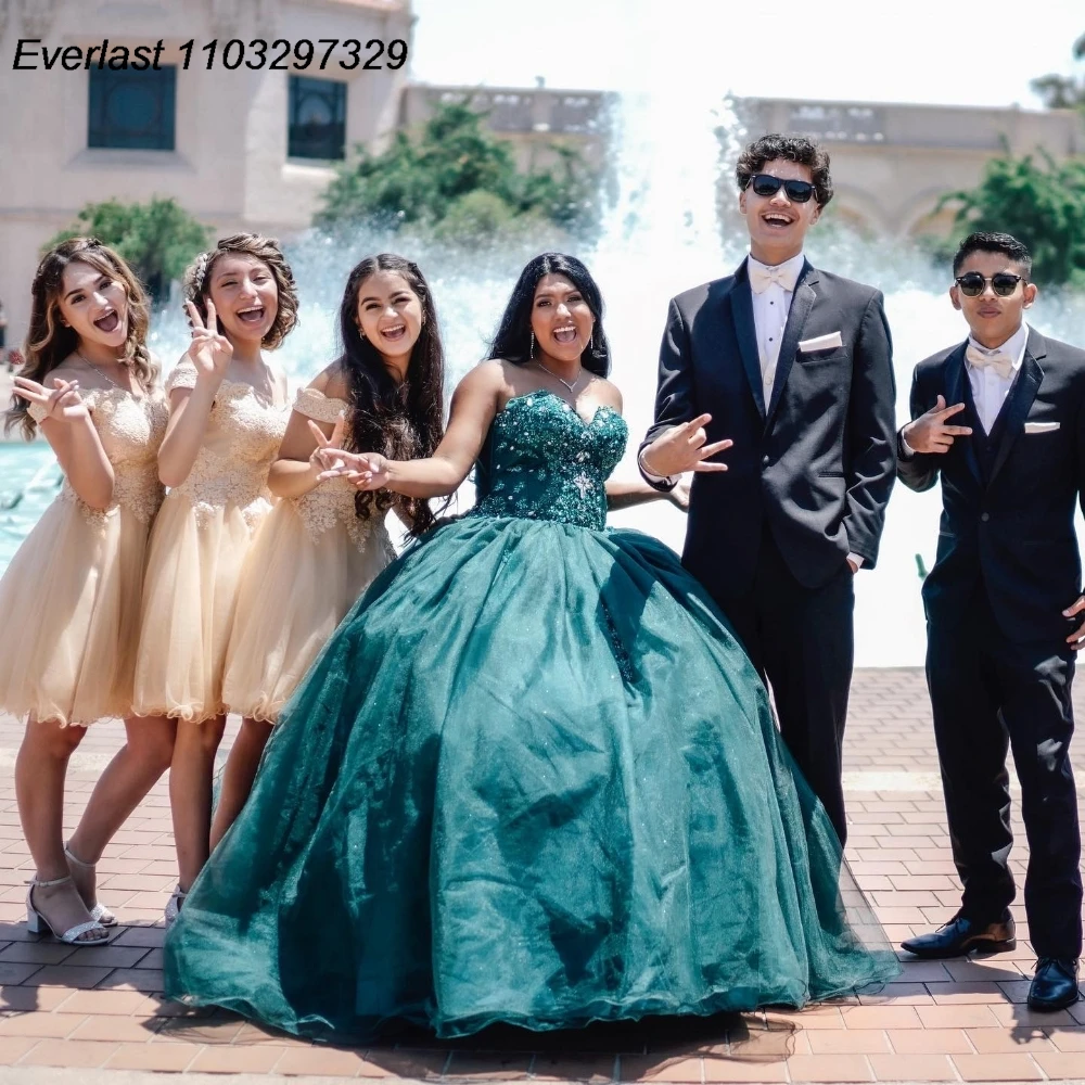 EVLAST Personalizzato Verde Smeraldo Abito Quinceanera Abito di Sfera Lucido Applique di Pizzo In Rilievo Corsetto Dolce 16 Vestido De 15 Anos TQD940