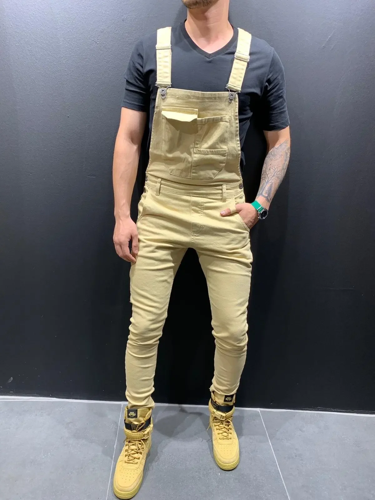 Men Denim Overalls Washed Pencil Ankle Length Trousers Slim Fit One Piece Jeans Pockets Casual Jumpsuit Vintage Suspenders