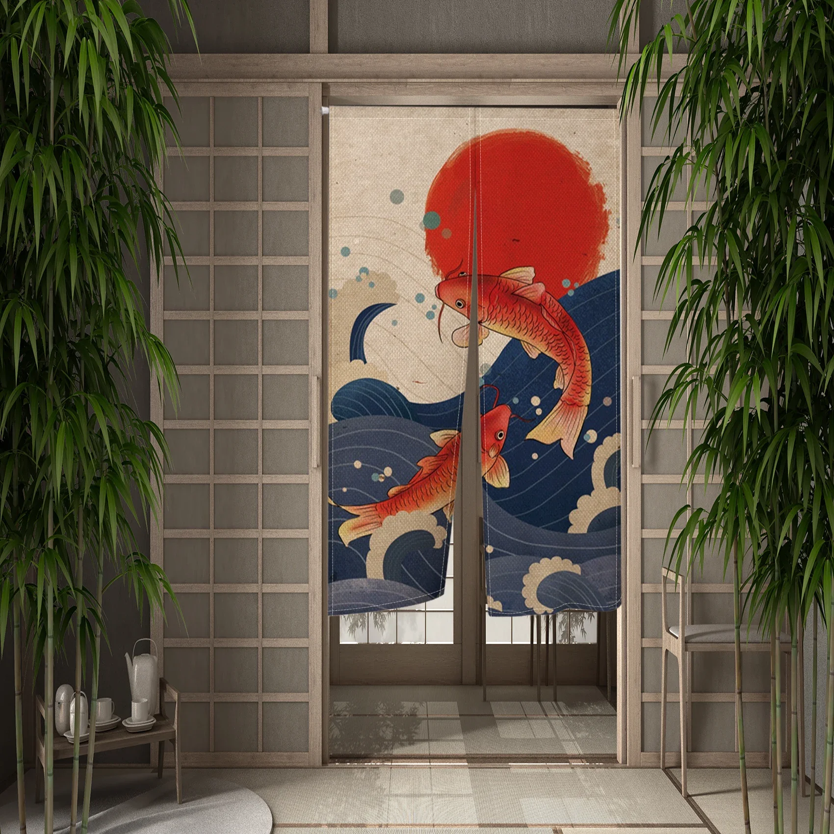 Japanese Style Noren Door Curtains Mountain Koi Fish Pattern Entryway Partition Screens Restaurant Kitchen Hanging Half curtain