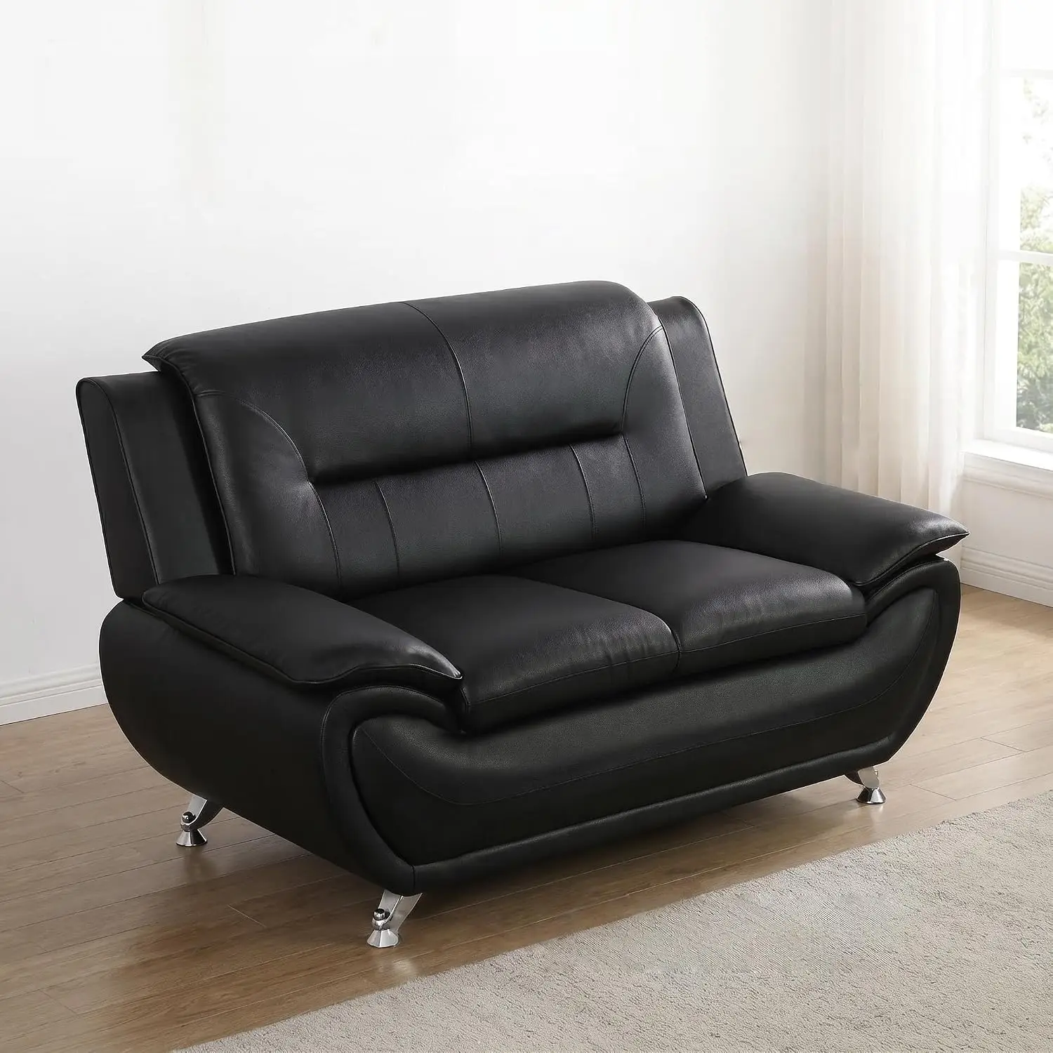 Modern Faux Leather Loveseat 2-Seater Chrome Legs Padded Armrests Living Room Bedroom Office Reception Black, Customized