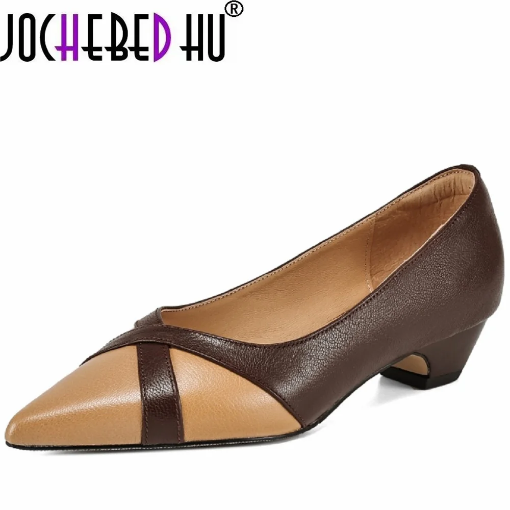 

【JOCHEBED HU】New Handmade Genuine Leather color patchwork slip-on pointed toe elegant ladies kitten Mid heel dress shoes 34-41