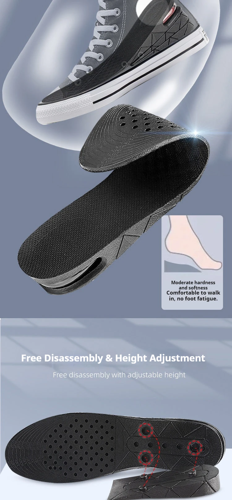 1 Paar höhenverstellbare Einlegesohlen, Fußschablonen, 3/5/7/9 cm, variable Höhe, Schuheinlagen, luftgepolsterte, stoßdämpfende Sporteinlagen. – Detail 4