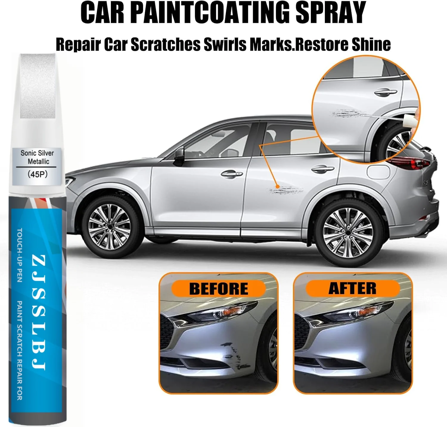 Car Touch up Paint(45P Sonic Silver Metallic) Compatible with Mazda, Car Paint Pen Scratch Repair Two-In-One Touch Up Paint