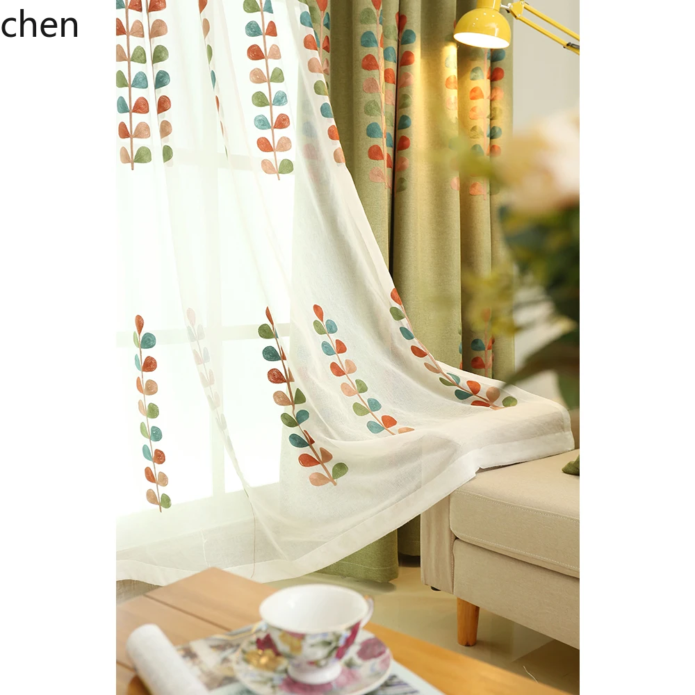 HTT Custom Country Style Embroidered Cotton Linen Curtains Finished Blackout Living Room Bedroom Floor-to-Ceiling Bay Window