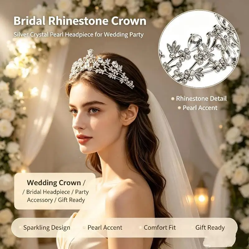Sparkling Silver Rhinestone Bridal Tiara Delicate Floral Clear Crystal Headpiece for Brides Wedding Party