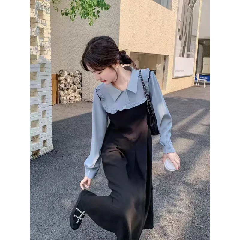 Large French Fake Two Piece Splicing Shirt Style Dresses Women's Spring Autumn New Collection Waist Show Thin Mid Length Dress