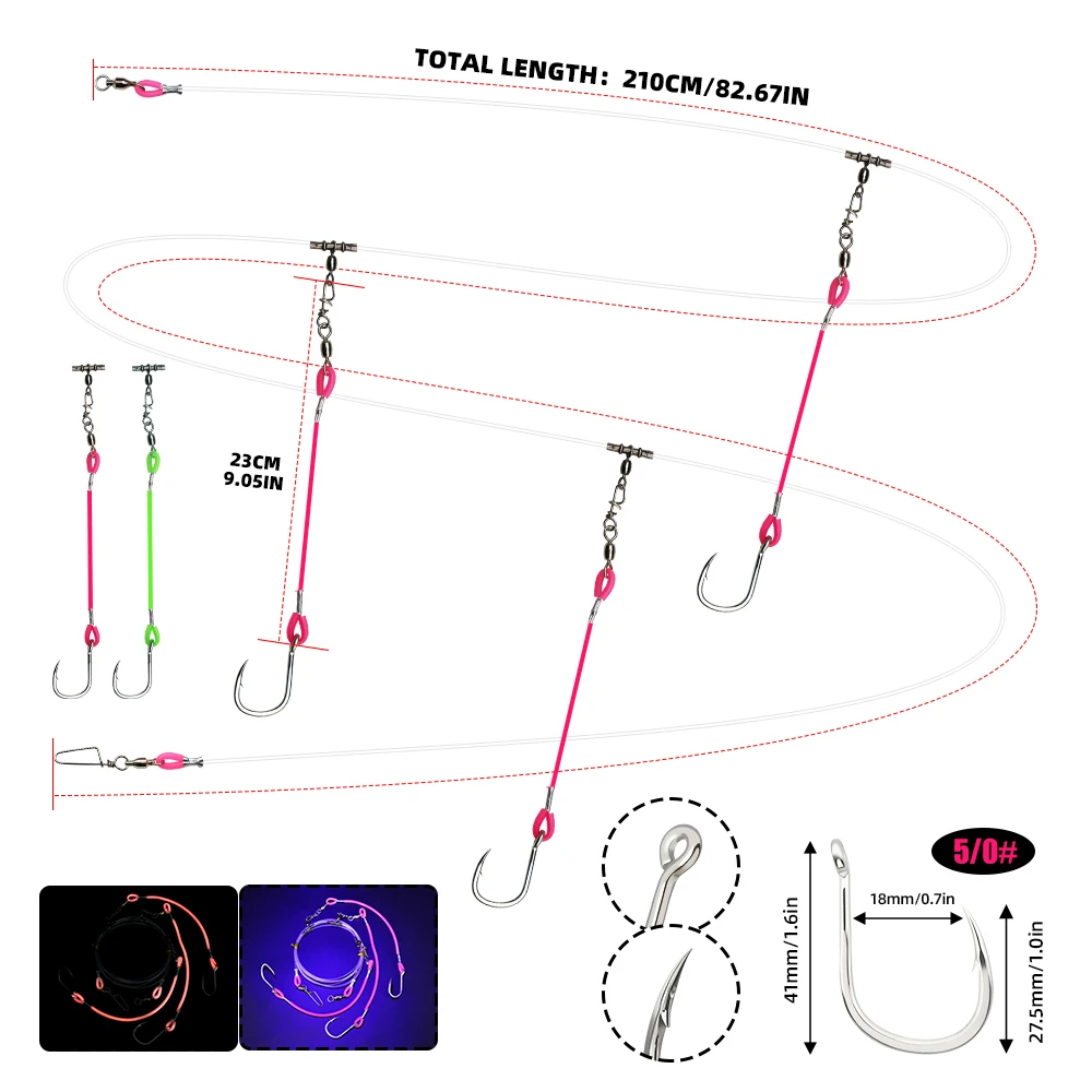 ZYZHE 1/2 Stück Deep Drop Rigs, vorgebundene High-Low-Rigs mit abnehmbaren Stahlhaken, verbindbare Kunstköder-Meeresangelrigs – Detail 2