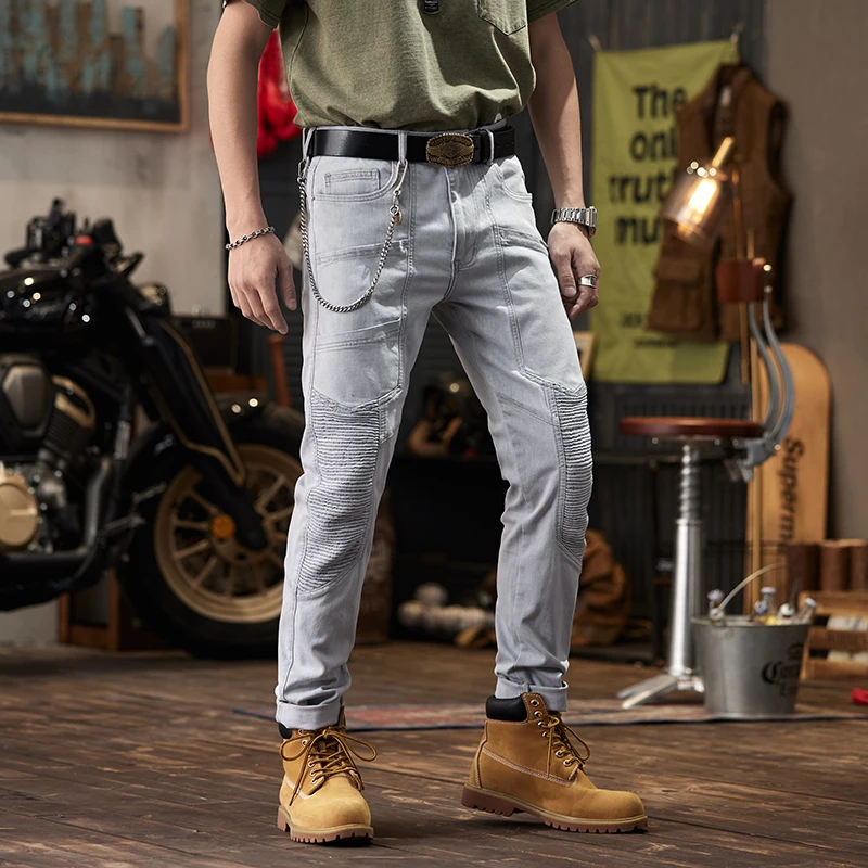 

Light Gray Jeans Men's Slim Fit Skinny Retro Street Stitching Ruffle Design Handsome Motorcycle Motor Bike Pants