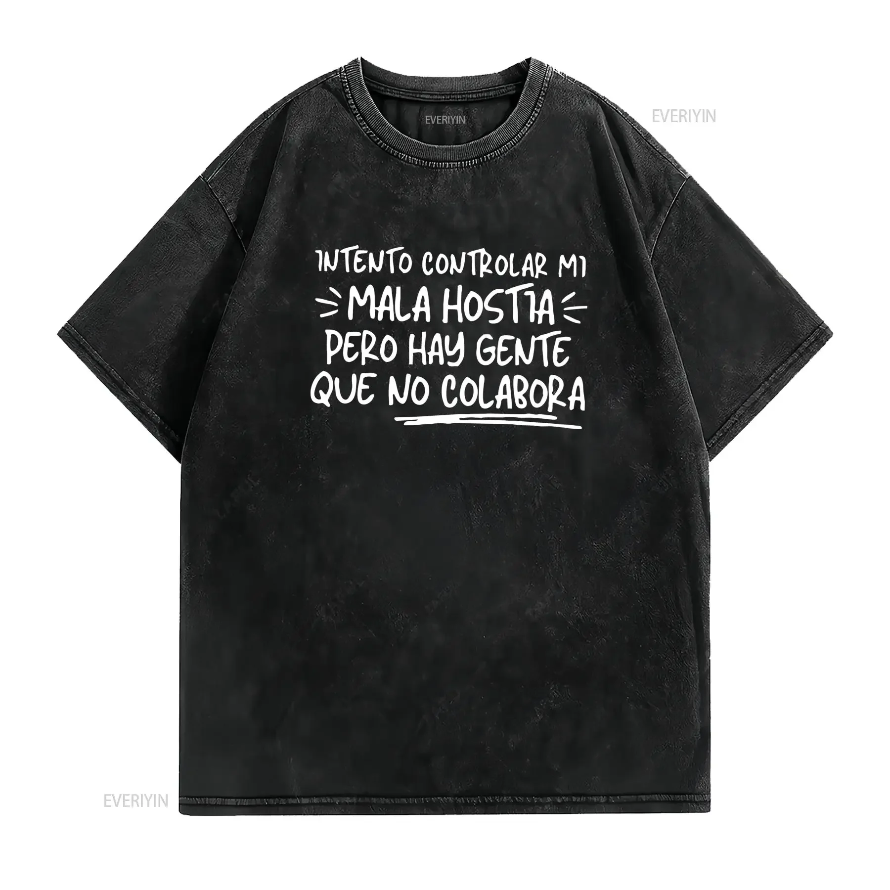 Camiseta de Mujer con Frases Españolas Divertidas Negra Texto Blanco Cuello Redondo Ropa Ligera Casual para el Día a vintage